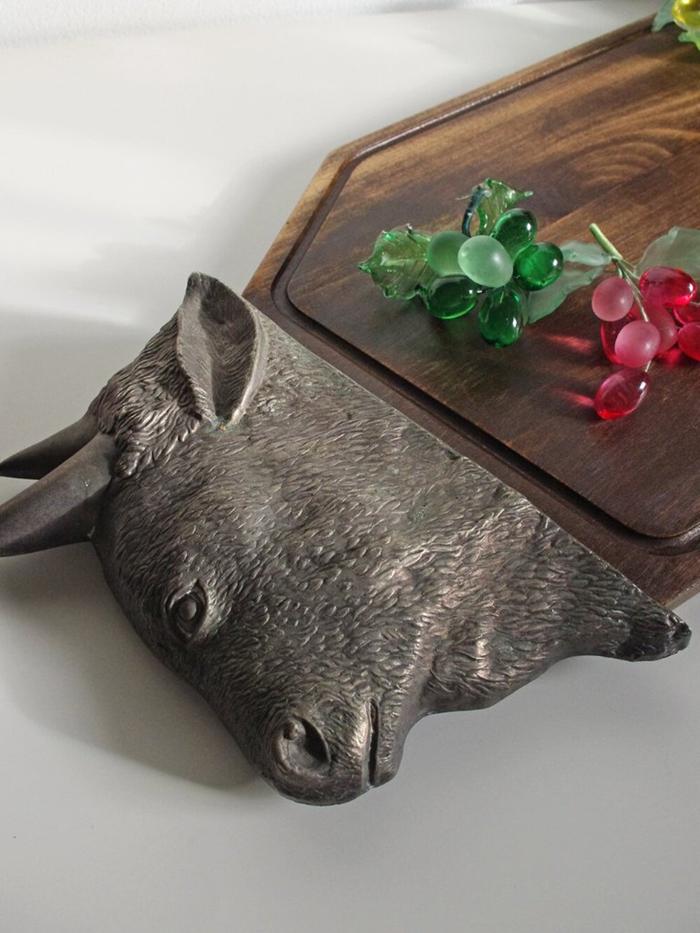 Midcentury Vintage Silver-Plated Bull Wood Charcuterie Serving Board